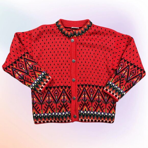 Vintage Dale of Norway Bright Red Nordic Cardigan Cottage Wool Sweater Small - Picture 1 of 6